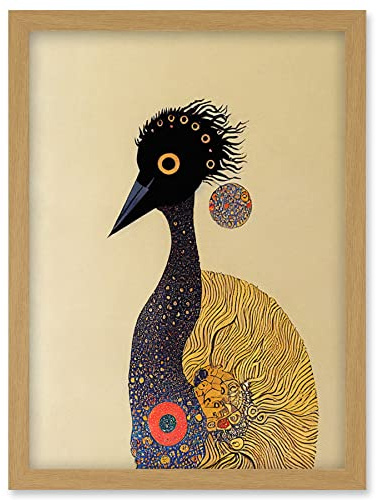 Wee Blue Coo Surreal Abstract Ostrich Emu Klimt Style Painting Artwork Framed Wall Art Print A4
