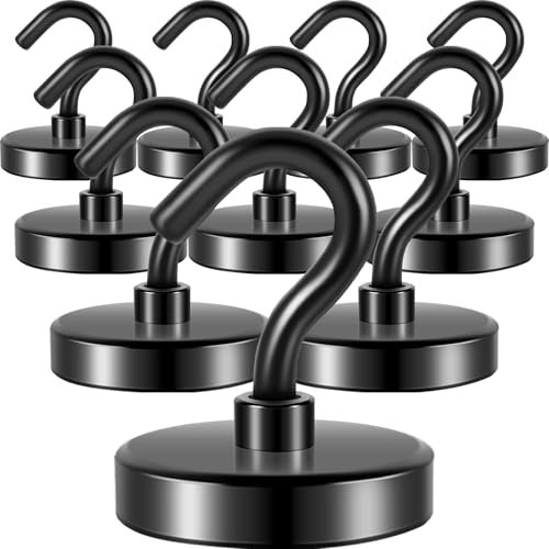 Neosmuk Black Magnetic Hooks Heavy Duty,Extra Strong Magnet with Metal Hook for Refrigerator, Super Magnet for Cruise,Grill, Kitchen,Classroom,Large Magnetic Hanger for Door,BBQ,Tools. 4 Pack