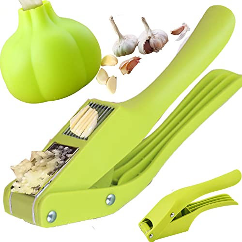 Garlic Press 2 in 1 Garlic Cutter Garlic Press With Matching Silicone Garlic Peeler,Handling Seasoning Utensils,Used for Kitchen Cooking, Outdoor Barbecues, Picnics