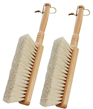 Horsehair Hand Brush Soft Bristles for Upholstery Furniture Couch Bed Beech Wood Handle 12 Inch Long (2pcs)