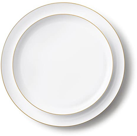 Decorline Premium Mehrweg Plastik Partygeschirr set 20 Teller Edge-Kollektion, Wiederverwendbares Teller Weiss mit Goldenem Rand | Set 2 Größen - 10x 26cm + 10x 21cm je 10 Stück - Weiss/Gold