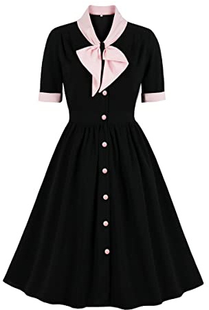 IBTOM CASTLE Robe des années 1940 pour femme, robe de cocktail vintage à manches courtes, robe évasée, robe rétro avec nœud papillon, Noir et rose., XL