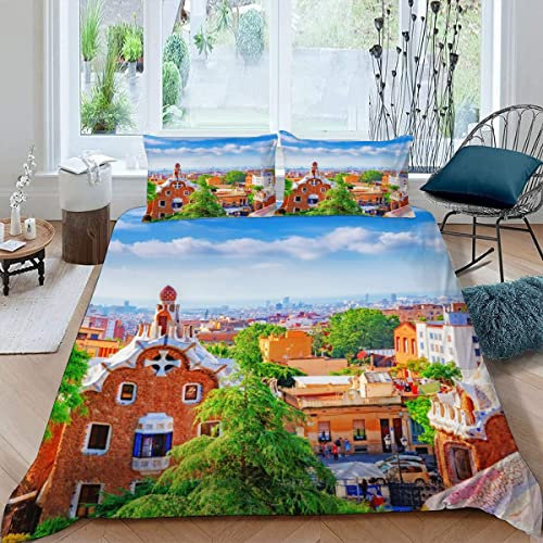 JIARAO Stadt Barcelona Kinder Bettwäsche-Sets 135x200 3D Druck 3-teilig Bettwäsche 100% Mikrofaser Weiche mit Reißverschlus Stadtbild Soft Kuschelig Bettbezüge mit 2 Kissenbezug 80x80 cm