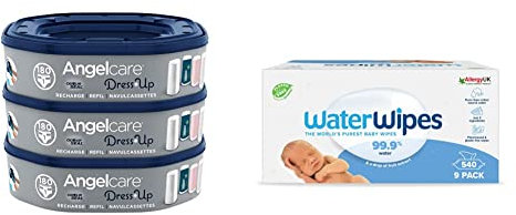 Angelcare - Dress Up - Recharges Octogonales pour Poubelle à Couche Dress up/Essential - Lot de 3 & Lingettes bébé Originales sans plastique WaterWipes, 540 pièces à base d’eau à 99,9% et sans parfum