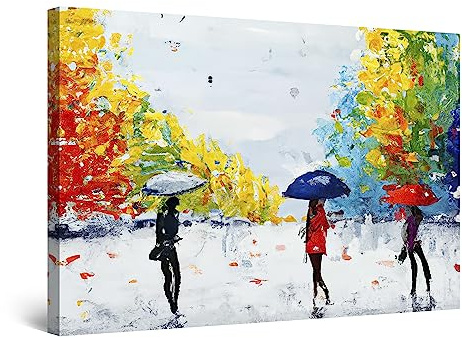 Startonight Bilder Blaue Rote Regenschirme - Leinwandbilder Moderne Kunst - Abstrakte Wanddeko Kunstdrucke, Wandbilder Wohnzimmer Groß Wand Bild 80 x 120 cm, Tag Nacht Effekt, Elegante Geschenkidee