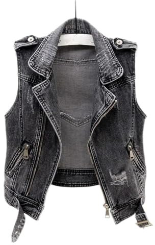 BINDT Chaleco de Mezclilla sin Mangas para Mujer, Talla Grande S-5XL Punk Negro Rasgado, Lavado Jeans Zip Vendaje Corto, Gris, XXL