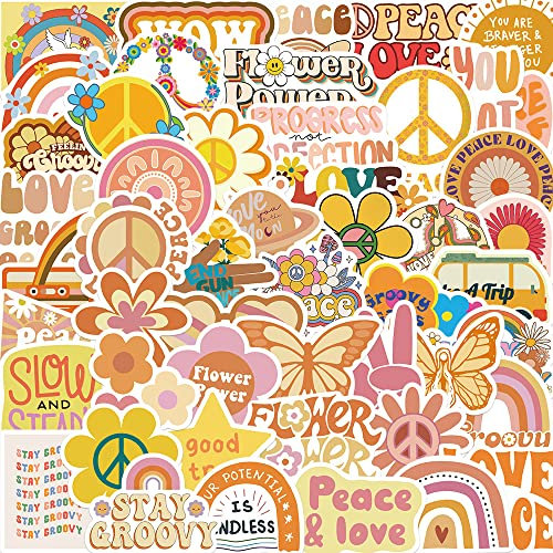 Groovy Boho Hippie Aufkleber 50 Stück Vinyl Niedliche Peace Love Sticker für Skateboard Laptop Wasserflaschen Scrapbook Auto Fahrrad Gepäck,Wasserdichte Aesthetic Boho Aufkleber für Kinder Erwachsene