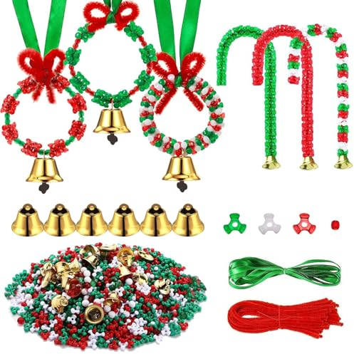 1400+ Bastelset Weihnachten Kinder, mit Weihnachtsperlen, Pfeifenreiniger Chenille Stiel, Glocken, DIY Weihnachtsdeko Basteln, DIY Armbänder Schmuck (Multicolour)