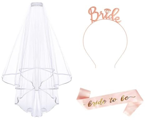 INGJIA Bride to Be Schärpe und Schleier, Frauen Junggesellinnenabschied Accessoires Weiß Braut Schleier Schärpe Rosegold Stirnband Tiara, Hochzeit Fotorequisiten Spiele Zubehör für Bachelorette Party