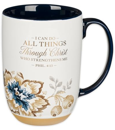 I Can Do All Things Honey-brown and Blue Ceramic Mug with Exposed