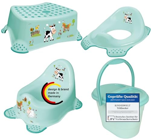 KiNDERWELT 4er Set Premium Toilettensitz, Hocker, stabiles Töpfchen & Windeleimer für Kleinkinder -Funny Farm Design aquamarin - Toilette für Kleinkinder - Stabiler Hocker mit Anti-Rutsch-Funktion