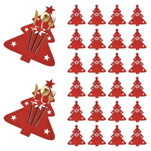 MOROBOR Christmas Cutlery Holder, 24pcs Christmas Silverware Holder Red Christmas Cutlery Bag Xmas Utensil Holder Cutlery Wraps Bag Christmas Party Dinner Table Supplies