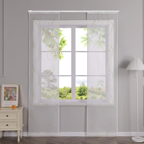 HeichkelL Schiebegardinen mit Klettband Transparent Schiebevorhänge Flächenvorhänge mit Wellen Stickerei 2er Set Gardinenschal Grün BxH 57x245 cm