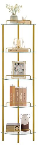 FAVOOSTY Coner Shelf Unit Narrow Corner Bookcase Bookshelf Free Standing Shelf Glass & Metal Display Cabinet Ladder Shelf Storage for Living Room Bedroom, Gold