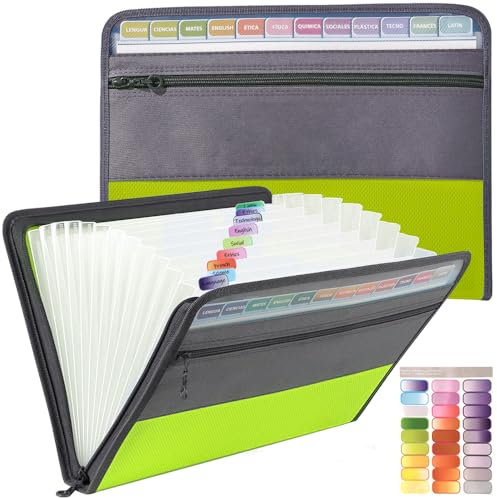 Cartella portadocumenti espandibile A4, con cerniera,con 13 tasche organizer per documenti,Cartella portariviste cartella a fisarmonica per scuola, ufficio, Casa e viaggi (Green)