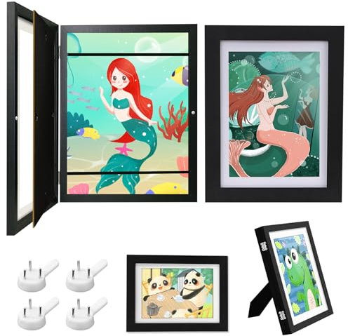 Gemtte Bilderrahmen Kinderzeichnungen A4, 2 Stück Kinder Kunstrahmen Frontöffnung, Holz Kinder Kunst Rahmen, Aufklappbar Kunstfotorahmen für Kunstprojekte, Schule, Zuhause (Schwarz)