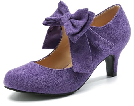omthaka Women's Bow Mary Jane Kitten Heel Round Toe Low Heels Ankle Strap Dress Evening Party Pumps, Purple, 7 UK