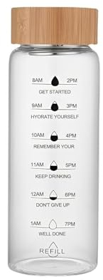 DNIENKGE Bouteille d'eau en verre de 700 ml avec marqueur de temps, anti-fuite, sans BPA, réutilisable, boissons chaudes et froides pour bureau, salle de sport, voyage (transparent) (700 ml)