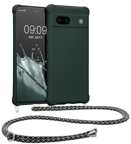 kwmobile Necklace Case kompatibel mit Google Pixel 7a Hülle - Cover mit Kordel zum Umhängen - Silikon Schutzhülle Moosgrün