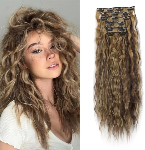 aikaa Clip in Extensions, 6PCS 60 cm Haarverlängerungen mit Clips Synthetik Gewellte Haarextension Wavy Haar, Haarteil für Frauen (#4H27-Chocolate Brown Highlighted Caramel Blonde)