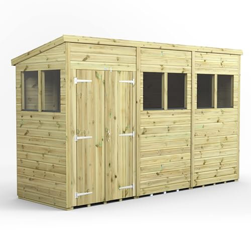 Powersheds High Grade Premium Pressure Treated Pent Double Door Shed Garden Wooden Shed with Heavy Duty Frame, Door & Window Flexibility made from Extra Thick Timber & Toughened Glass (12x4)