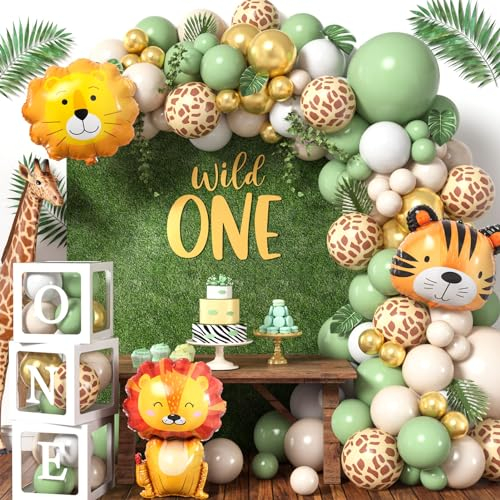 Dschungel Safari Deko 1. Geburtstag Junge Wild One Geburtstag Deko mit Salbeigrün Luftballons Girlande Ballonbox Safari Kindergeburtstag Deko Baby Shower Taufe Tropisch Geburtstagsparty Deko