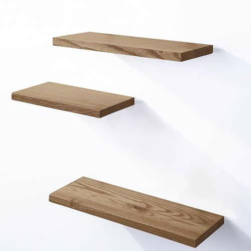 LAMO Manufaktur 3 Stück Wandregal aus Holz mit unsichtbarer Befestigung 40/35/30cm | Wandregal Holz | Hängeregal für Wohnzimmer, Schlafzimmer | Wandregale Set 3 Gerade Farbe: Nussbaum
