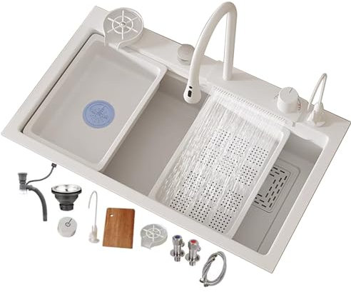 Fregadero De Cocina Multifuncional Fregadero De Acero Inoxidable 304 Negro Fregadero De Un Seno Fregadero Dorado Grifo De Cascada Accesorios Completos (Blanco-68X45X22cm)