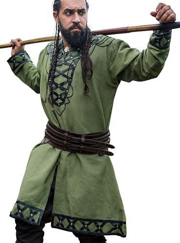 Leonardo Carbone® Wikinger Tunika Erik ? Mittelalter Kleidung Herren, Freizeithemden Kurzarm, Karneval Kostüm, Wikinger Tunika, LARP-Kleidung - 100% Baumwolle mit Leder Applikationen Grün S