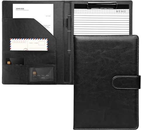 Carpeta A4 portapapeles A4, piel sintética, carpeta de conferencias, carpeta de negocios A4 en negro, incluye portapapeles y bloc de notas A4, carpeta con compartimentos para documentos, soporte para