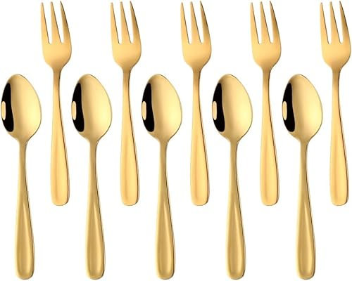 YDware Lot de 10 petites cuillères à expresso, fourchettes à dessert, en acier inoxydable, 136 mm de long, réutilisables (doré)