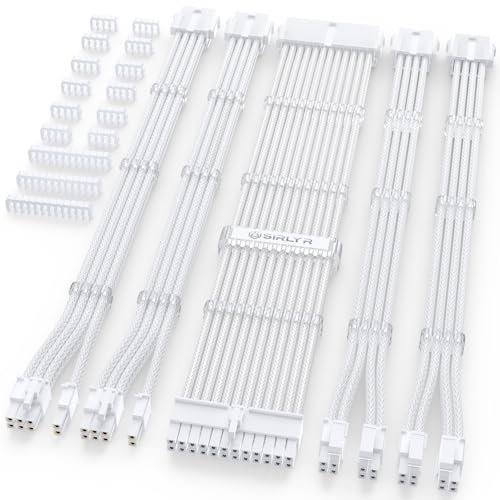 Sirlyr White PSU Cable Extension Kit, 24Pin ATX x1, 8Pin EPS x2, 8 Pin PCI-E x2, Gold-Plated Pins, 5 Kits