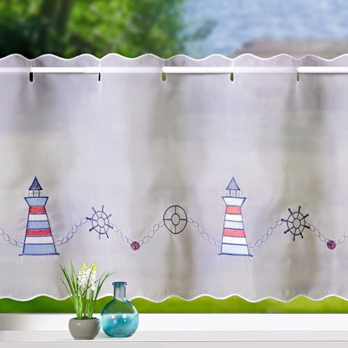 heimtexland ® Scheibengardine maritim Bestickt Badezimmer Deko Gardine weiß transparent 45x112 Panneau Typ904 Leuchtturm