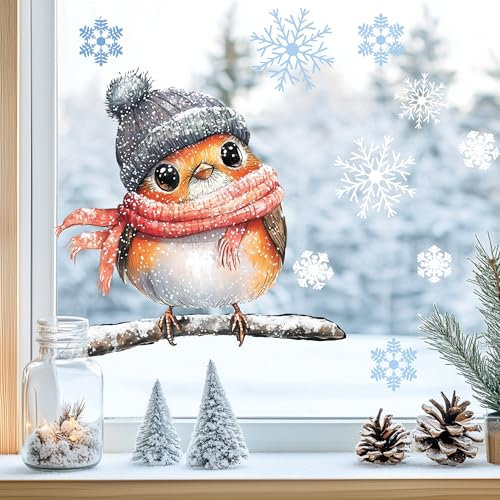 Sunnywall Fensterbilder Winter für Kinder Tiermotive in Winterszene als statisch haftende Fenstersticker, WIEDERVERWENDBAR (Rotkehlchen, A3 Bogen)