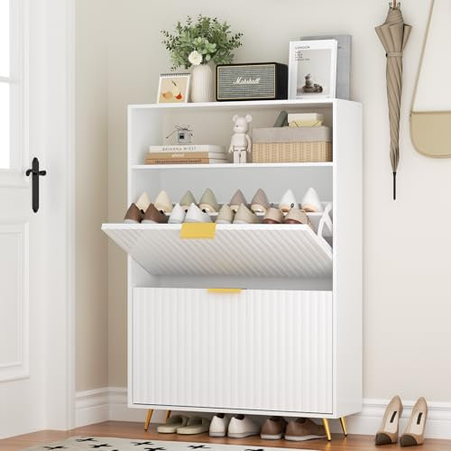 Urban Deco Schuhschrank Weiss, Schuhkipper mit 2 Klappen, Schuhregal Schmal mit Metallfüßen, Schuhschrank Holz für Eingangsbereich, Flur, 75 x 24 x 116 cm, Weiß