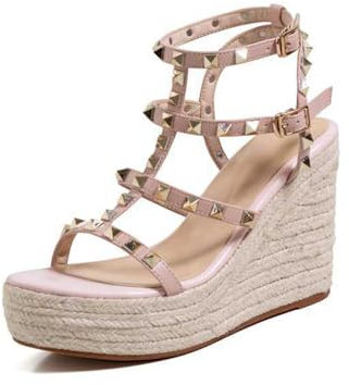 GZHMMAN Sandali con Zeppa con Suola Spessa e Tacco Alto da Donna Borchiati Tacco Slingback in Punta Aperta con Fibbie Multiple a Cinturino Incrociato Tacco Intero in Lino Alto 10 Cm,Pink,37