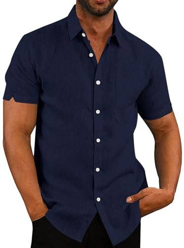 Rodawu Mens Short Sleeve Shirts Casual Linen Cotton Summer Shirt | Breathable Lightweight Linen Cotton Fabric,Regular Fit,Chest Pocket,Solid Color for Beach Holiday&Daily Wear