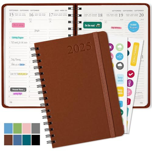 Kalender 2025 Buchkalender A5, Terminplaner (Jan.2025-Dez) Planer ist aus Strapazierfähigem PU-Leder Gefertigt, Terminkalender 2025 für Büros, Schulen, Organisatoren (Braun)