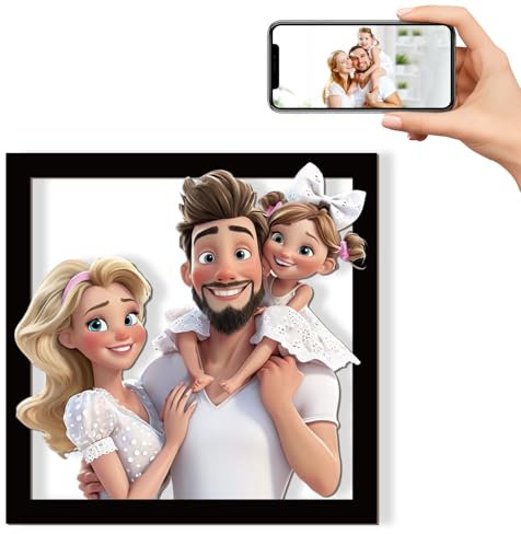 JeathFea Personalisierte 3D Cartoon Stil Foto Holz Fotorahmen Zeichen, Bilderrahmen Personalisiert, Benutzerdefinierte Cartoon Bilderrahmen, Geschenk für Geburtstag Muttertag Valentinstag Weihnachten