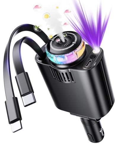 Retractable Car Charger with Starlight and Aromatherapy, 5 in 1 USB C Car Charger Adapter, 69W Fast Charging Cars Phone Chargers, Cars Air Freshener Compatible with iPhone 16 15 14 13 12 and Android