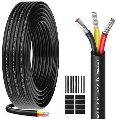 Cavo Elettrico 16 AWG 3 x 1,3 mm² UL2464-5 Metri, 3 Conduttori in Rame Stagnato, 300V, Ideale per Illuminazione LED Auto, Casa e Applicazioni Esterne