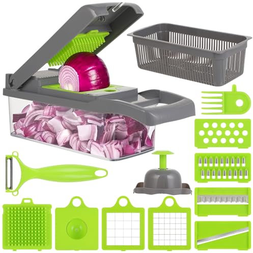 Gemüseschneider, 16 in 1, mit 8 Klingen-ideal als Gemüseschneider manuell, Zwiebelschneider, Gemüsehobel & - schneider-für alle vegetable cutter Anwendungen