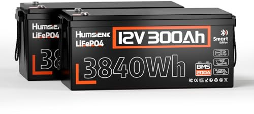 HumsiENK Batterie au lithium LiFePO4, 12 V 300 Ah, Bluetooth, BMS 200 A intégré