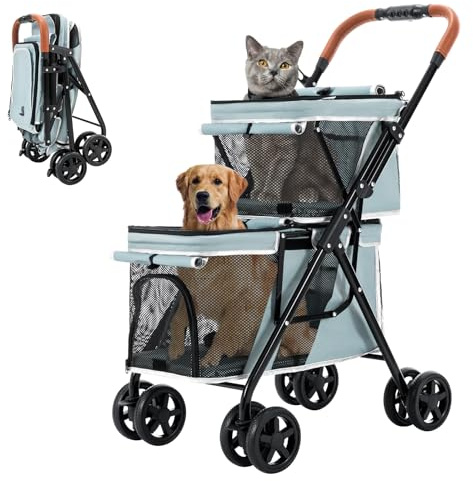 Joyfultails Hundebuggy für 2 Hunde bis 20kg Faltbar Doppel Hundewagen Blau | Komfortabler Haustier Buggy für Kleine Hunde und Katzen
