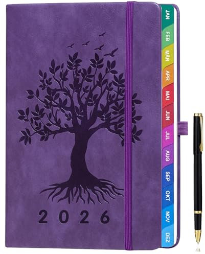 Kalender 2026 A5 – Deutsch, Wochenplaner & Terminplaner mit Monatsübersicht, Januar bis Dezember, mit bunten Monatsregistern, farbenfrohen Innenseiten, Innentasche & Stift - Lila