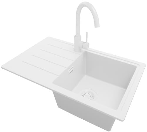 PRIMAGRAN Fregadero Granito Todo Blanco 70x44cm, Cocina 1 Seno + Grifo 32x20cm + Sifón, Sobre encimera al mueble 45cm - Copenhague Easy S030