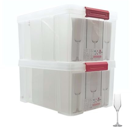 SUNDIS Champ Store, lot de 2 boîtes de rangement pour flûtes à champagne, en plastique transparent, renforcées avec couvercle clipsable, superposables et combinables, capacité 12 verres
