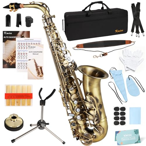 Kmise E Flat Altsaxophon, leichte Saxophone für Schüler Anfänger, Saxofon Komplettset mit tragbarer Tasche, Saxophonständer, Umhängeband, Schilfrohr, Anfängerführungen, Stummschaltung, Reinigungsset