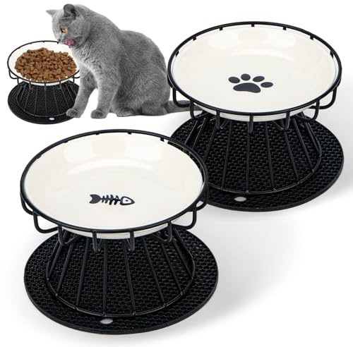 Feirdhoo 2 Stück Katzennapf Erhöht aus Keramik, Katzen Napf Set mit Napfunterlage Silikon und Metallständer, Futternapf Katze Erhöht, Anti Erbrechen Napferhöhung Katzen, Katzennäpfe Erhöhung