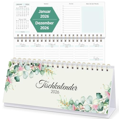 KONVINIT Wochen-Tischkalender 2026 Stehkalender Wochenplaner 1 Woche 2 Seiten mit Notizen, To-dos & Wochenziel - Kalender 2026,Format: 29,7 x 11,6 cm (Querformat)